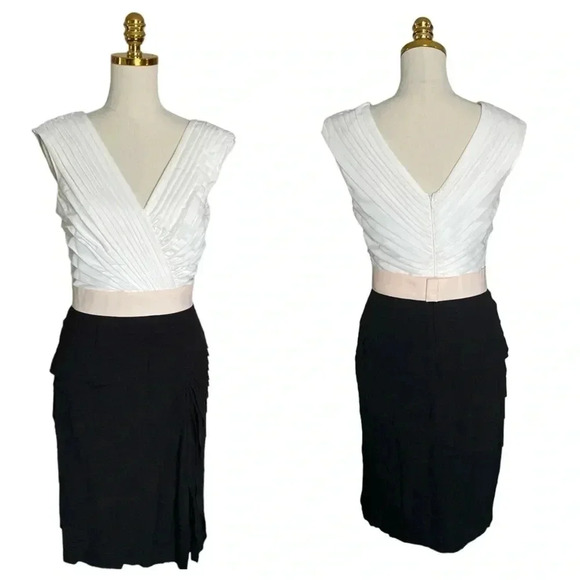 TADASHI SHOJI | Pleated Ivory/Black Sleeveless Crepe Midi Sheath Dress Size 6 - Picture 3 of 12